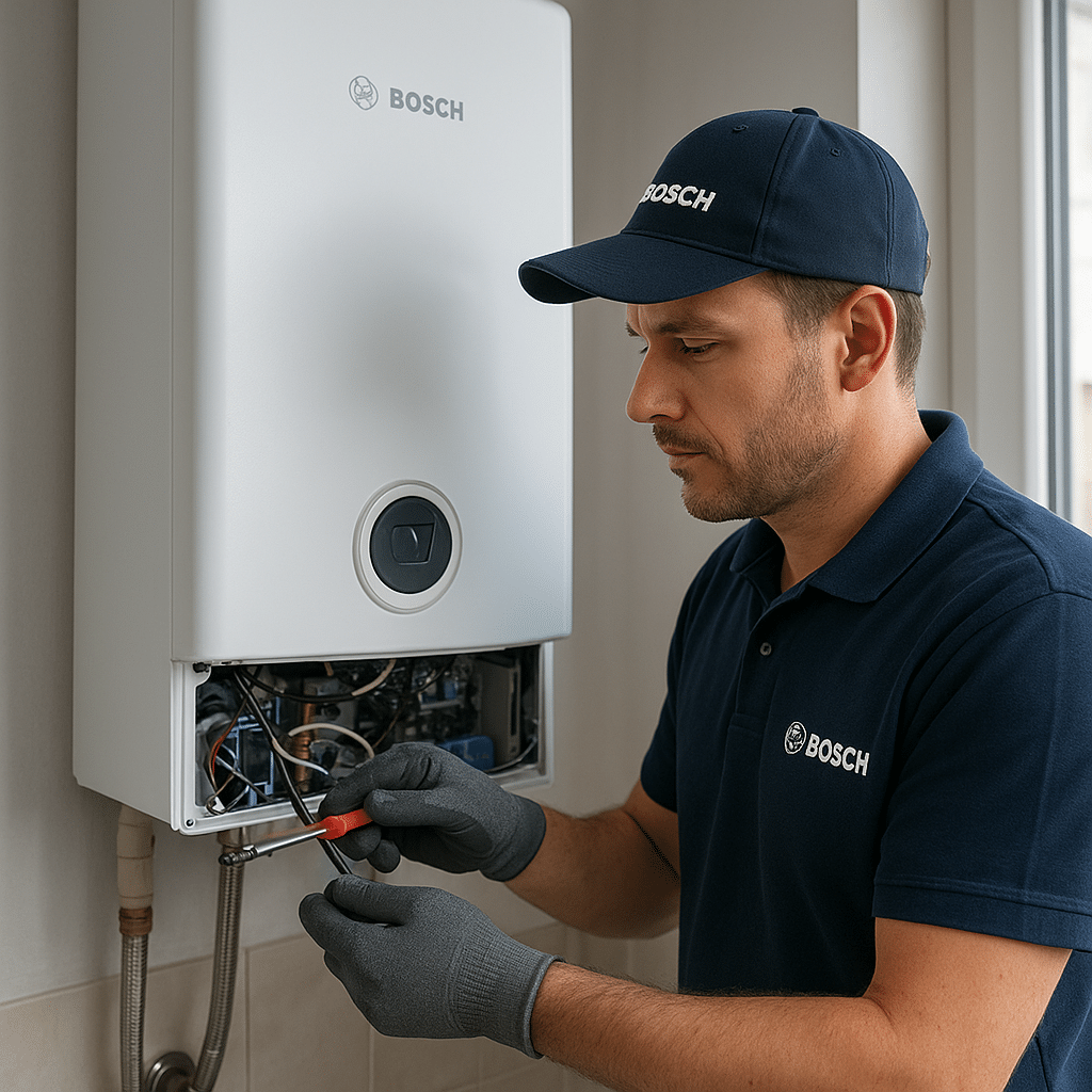 Ankara Bosch servisi teknisyeni, dairede Bosch kombi arızasını kontrol edip bakım yapan yetkili teknik servis görevlisi