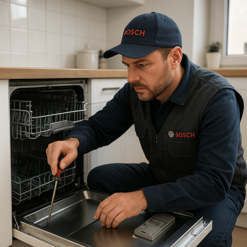 Ankara Bosch servisi teknisyeni modern mutfakta Bosch bulaşık makinesini profesyonelce tamir ediyor