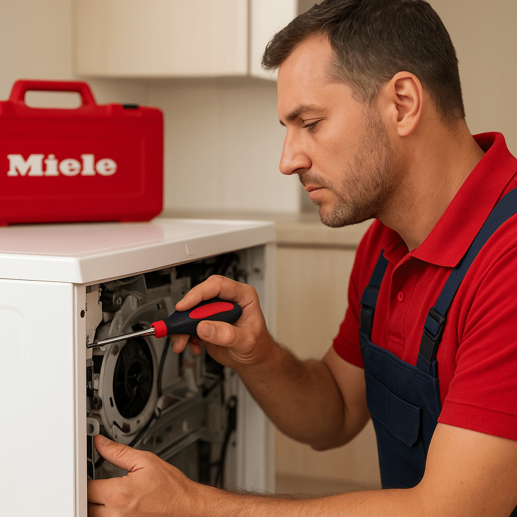 Ankara Miele servisi teknisyeni, Miele çamaşır makinesini tornavida ile onarırken profesyonel teknik destek sunuyor