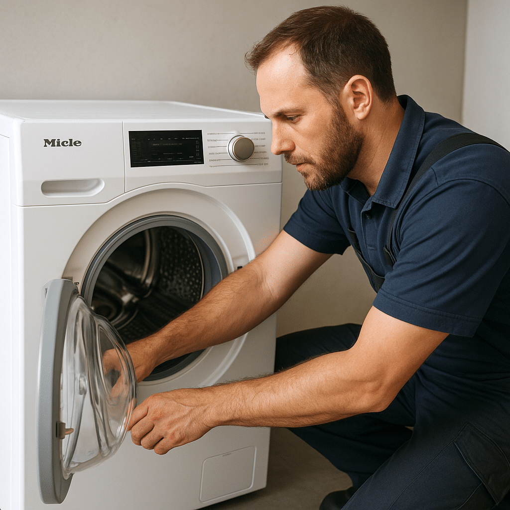 Teknisyen, ön yüklemeli çamaşır makinesini kontrol ederken; Ankara Miele servisi hızlı ve güvenilir teknik destek.