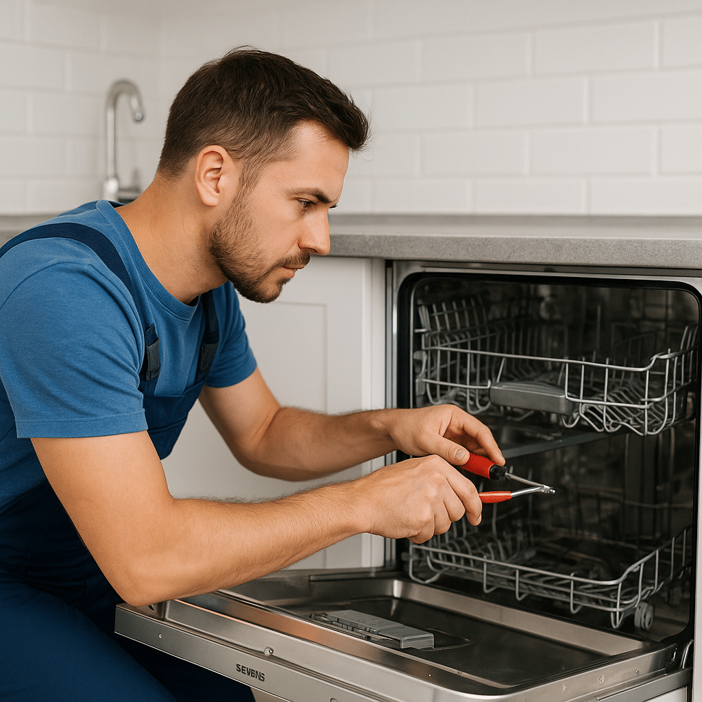 Teknisyen modern mutfakta Siemens bulaşık makinesini onarıyor, Ankara Siemens bulaşık makinesi servisi hizmeti.