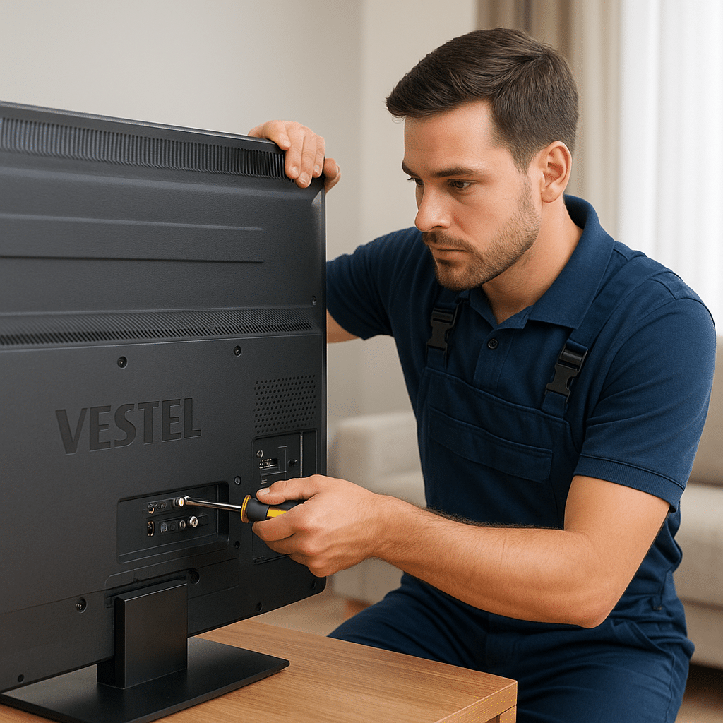 Ankara Vestel servisi teknisyeni, evde Vestel televizyonu tornavidayla onarırken yakın plan görünüm