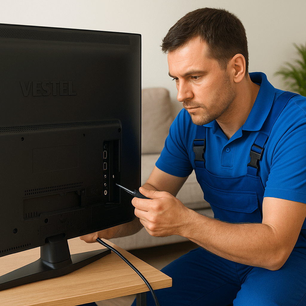 Teknisyen evde Vestel televizyonu tornavida ile onarıyor, Ankara Vestel televizyon servisi hizmeti sunuyor
